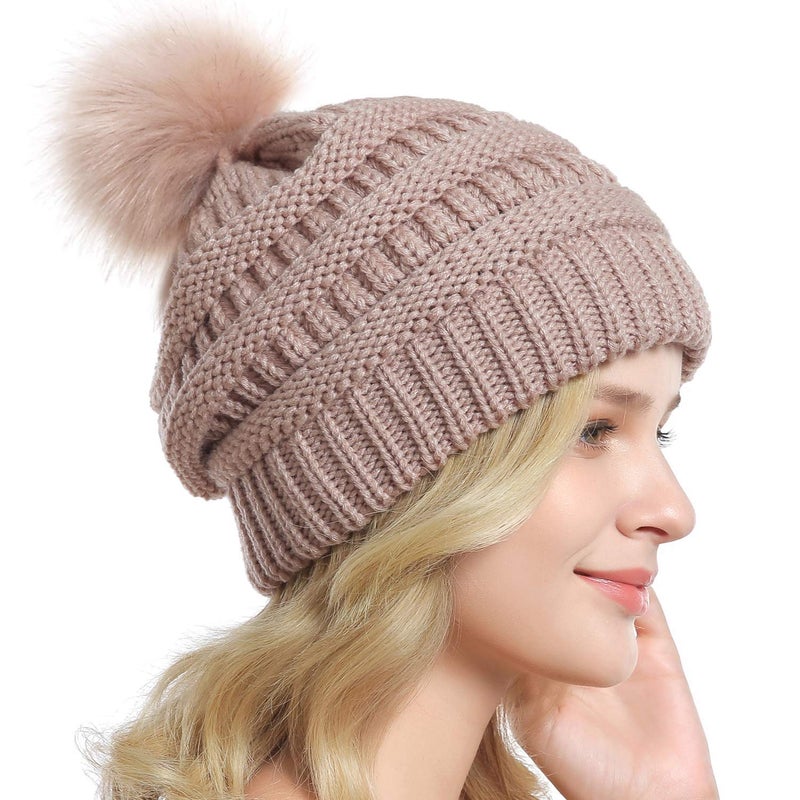 QUEENFUR Women Knit Slouchy Beanie Chunky Baggy Hat with Faux Fur Pompom Winter Soft Warm Ski Cap - Image 4